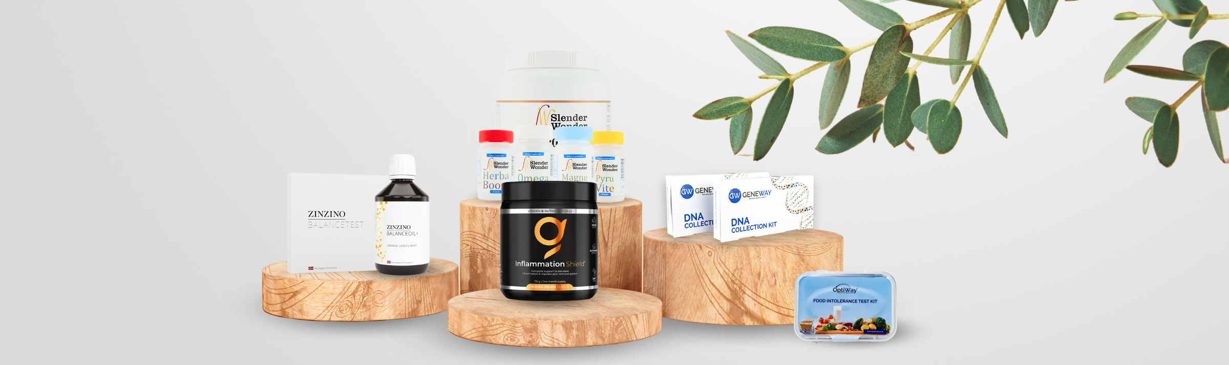 Products displayed on natural wooden product platforms with eucalyptus branch 